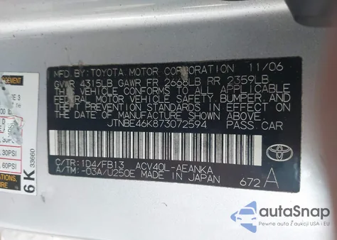 2007 Toyota Camry Le from USA, damaged, VIN JTNBE46K873072594